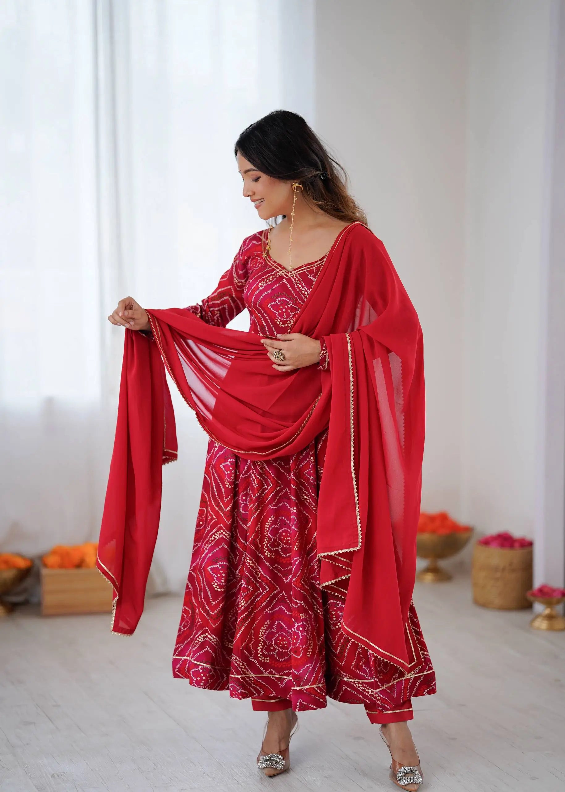 Bandhej Print Viscose Rayon Anarkali Gown Set with Dupatta
