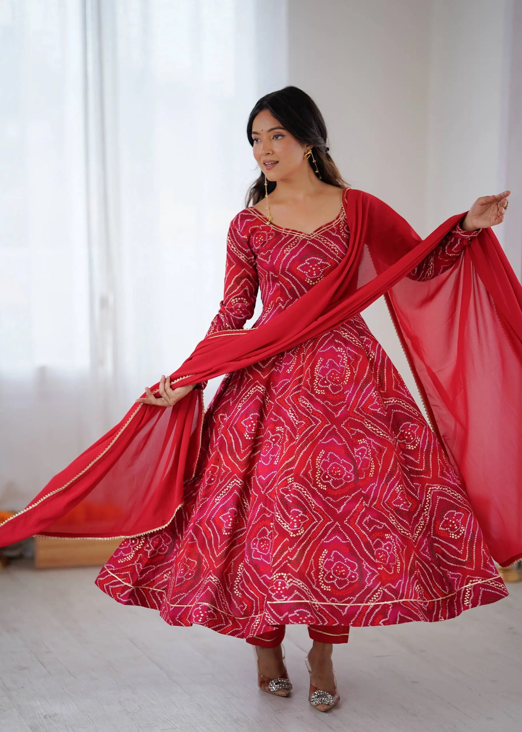 Bandhej Print Viscose Rayon Anarkali Gown Set with Dupatta