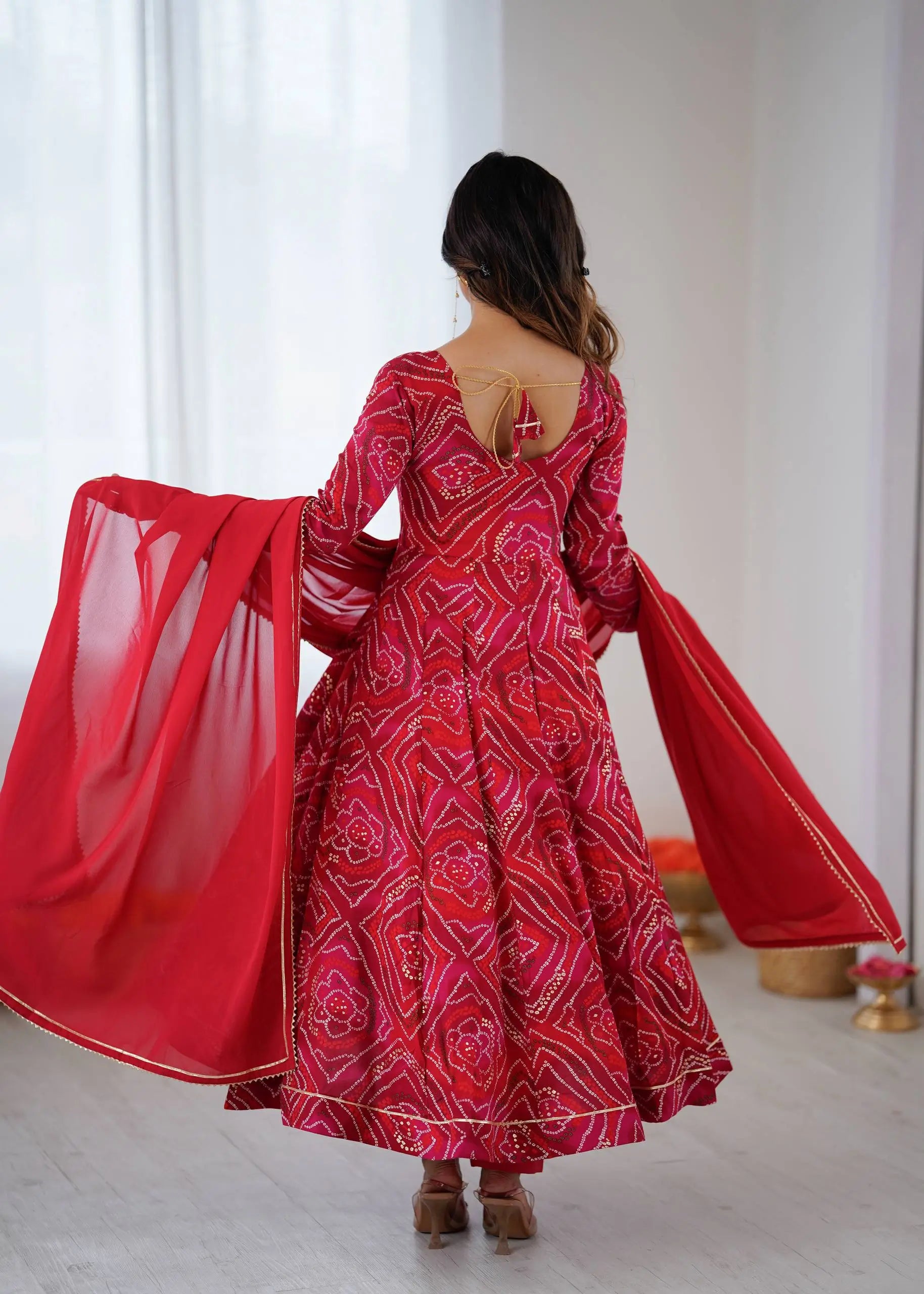 Bandhej Print Viscose Rayon Anarkali Gown Set with Dupatta