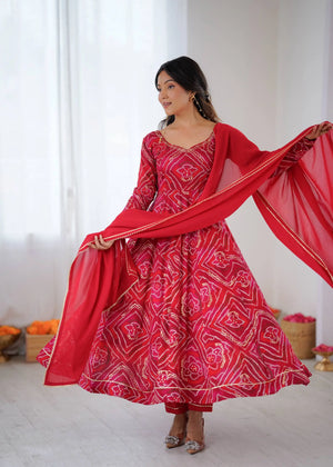Bandhej Print Viscose Rayon Anarkali Gown Set with Dupatta