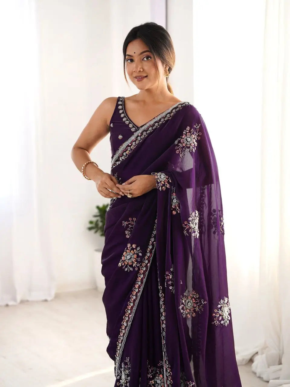Beads Work Space Silk Saree with Matching Blouse