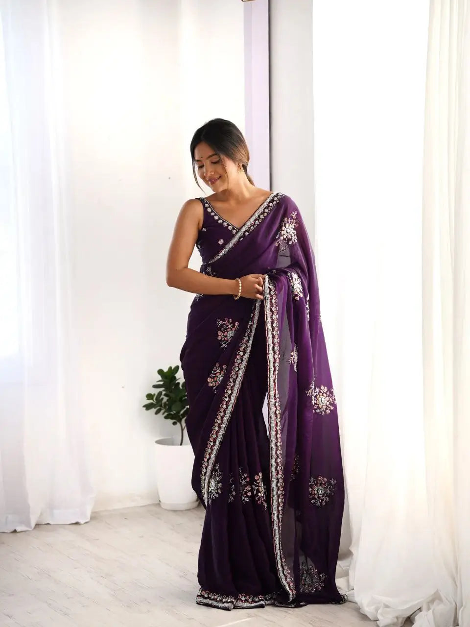 Beads Work Space Silk Saree with Matching Blouse