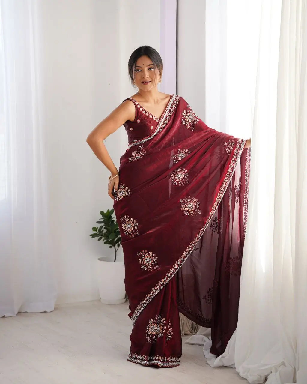 Beads Work Space Silk Saree with Matching Blouse