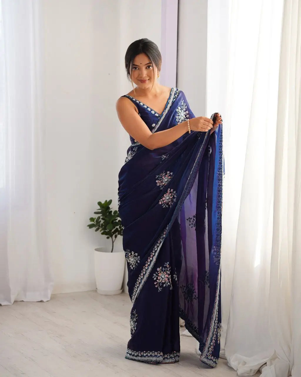 Beads Work Space Silk Saree with Matching Blouse