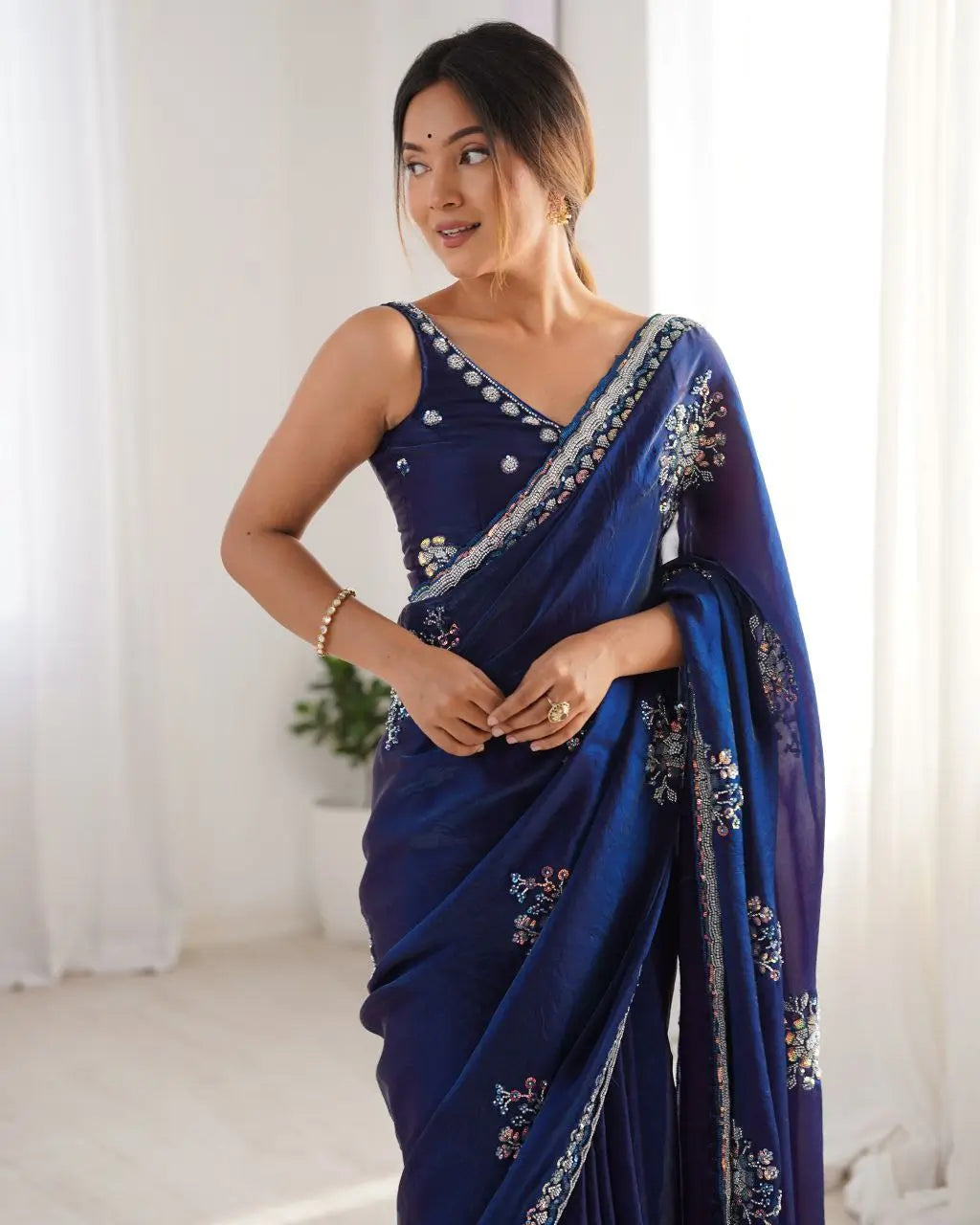 Beads Work Space Silk Saree with Matching Blouse