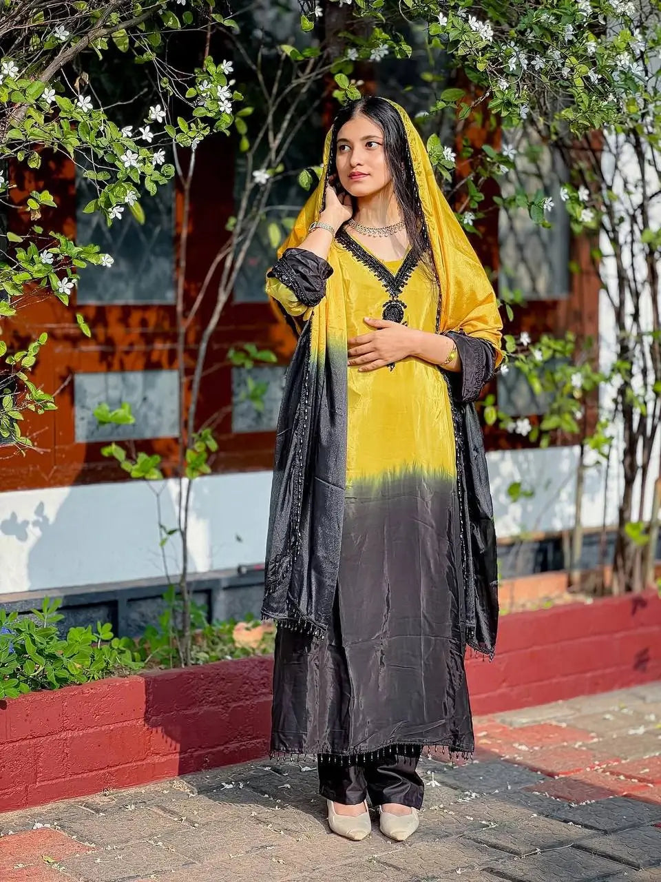 Beautiful Beads work Straight Suit Set for Festive and Family Occasions