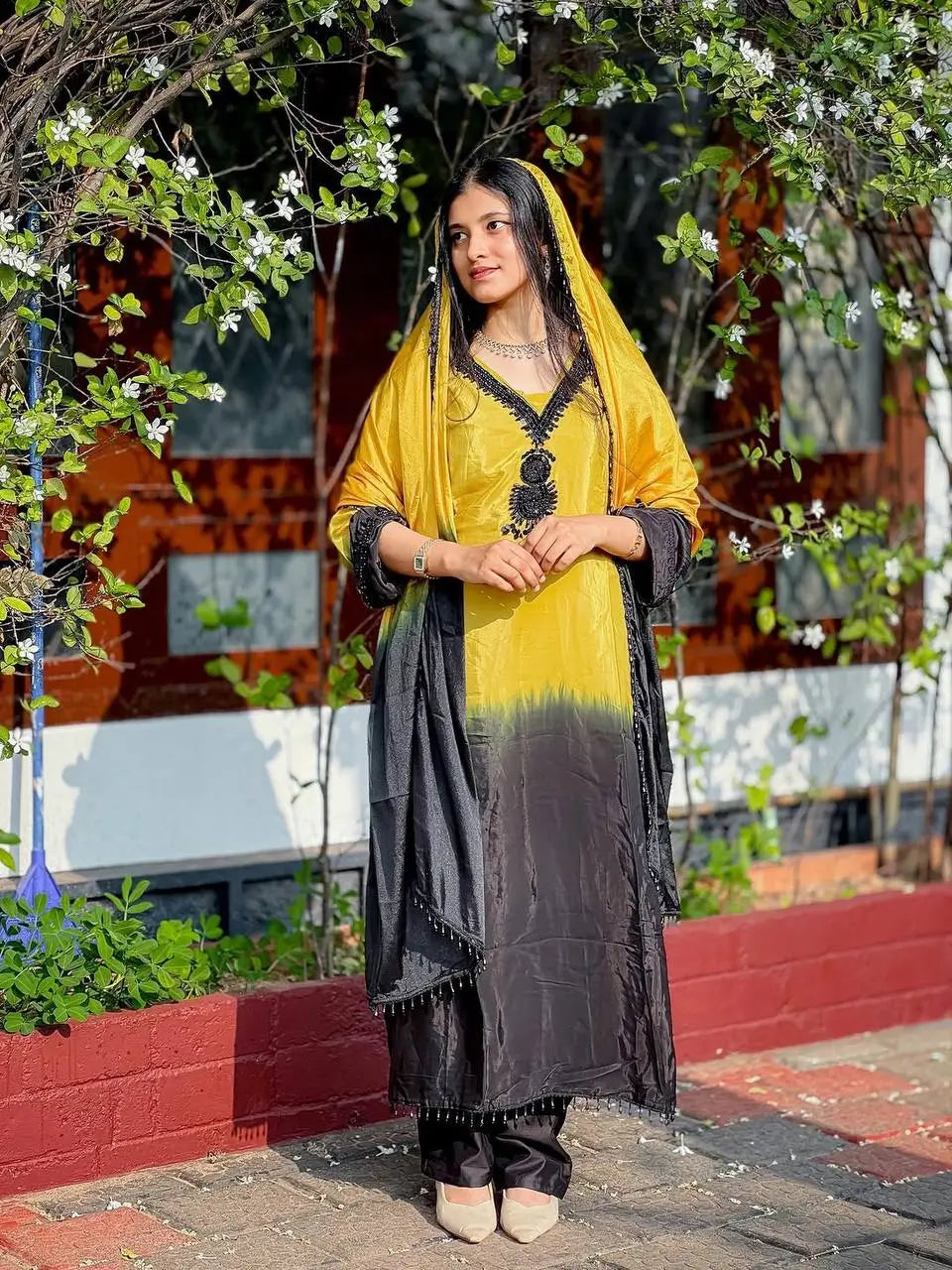 Beautiful Beads work Straight Suit Set for Festive and Family Occasions