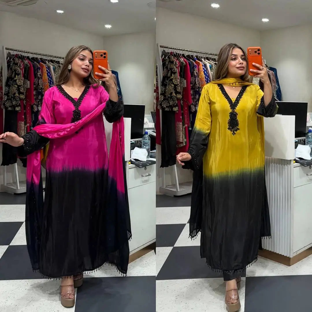 Beautiful Beads work Straight Suit Set for Festive and Family Occasions