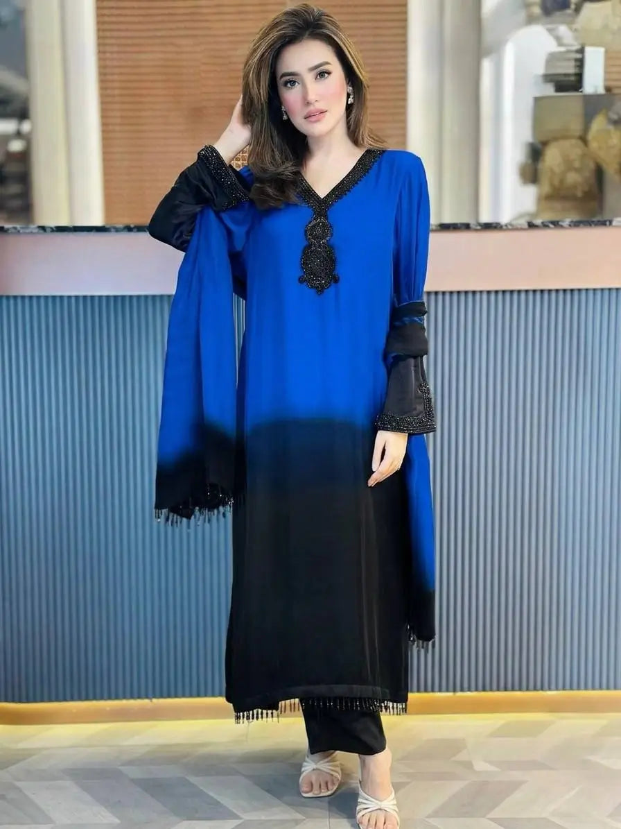 Beautiful Beads work Straight Suit Set for Festive and Family Occasions