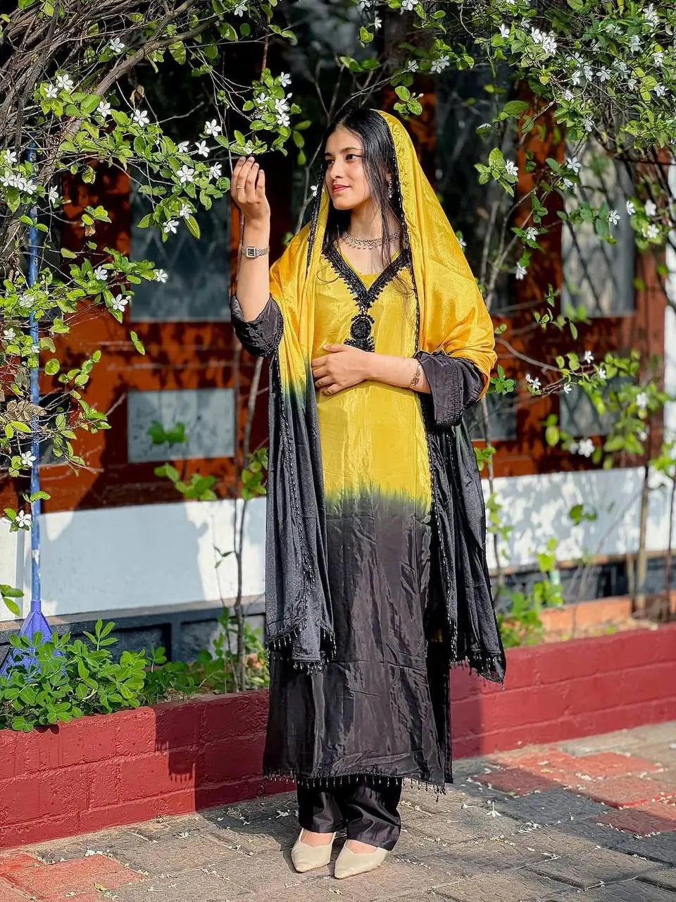 Beautiful Beads work Straight Suit Set for Festive and Family Occasions