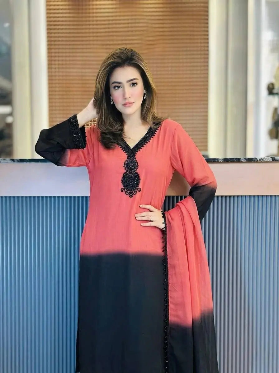 Beautiful Beads work Straight Suit Set for Festive and Family Occasions