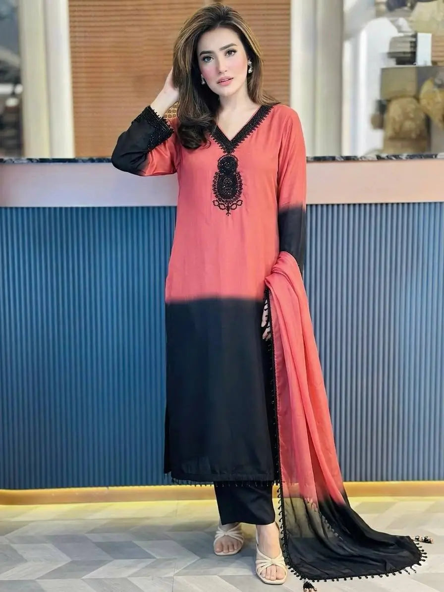 Beautiful Beads work Straight Suit Set for Festive and Family Occasions