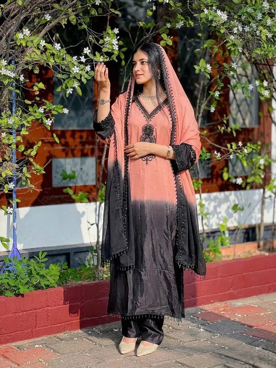 Beautiful Beads work Straight Suit Set for Festive and Family Occasions