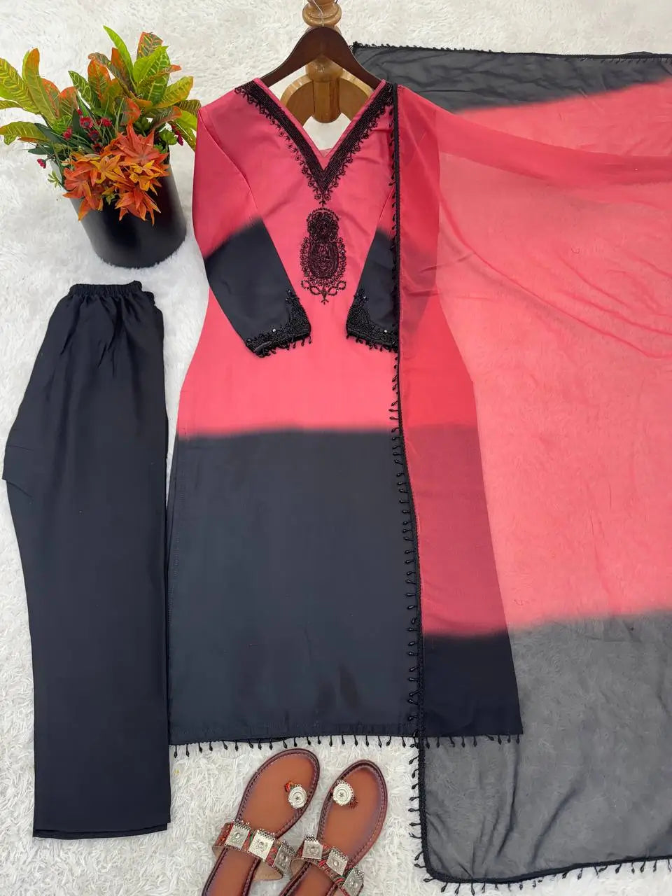 Beautiful Beads work Straight Suit Set for Festive and Family Occasions