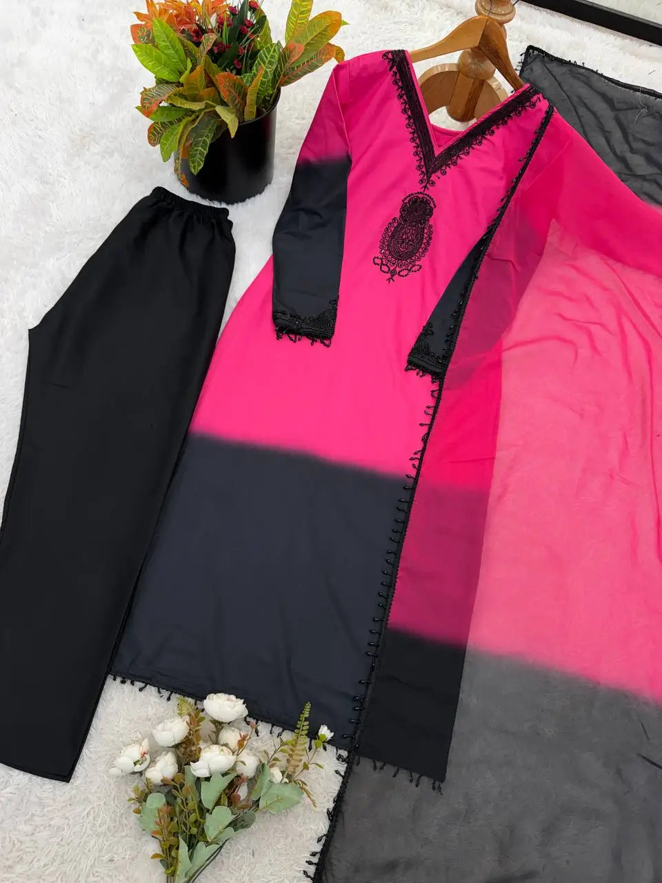 Beautiful Beads work Straight Suit Set for Festive and Family Occasions
