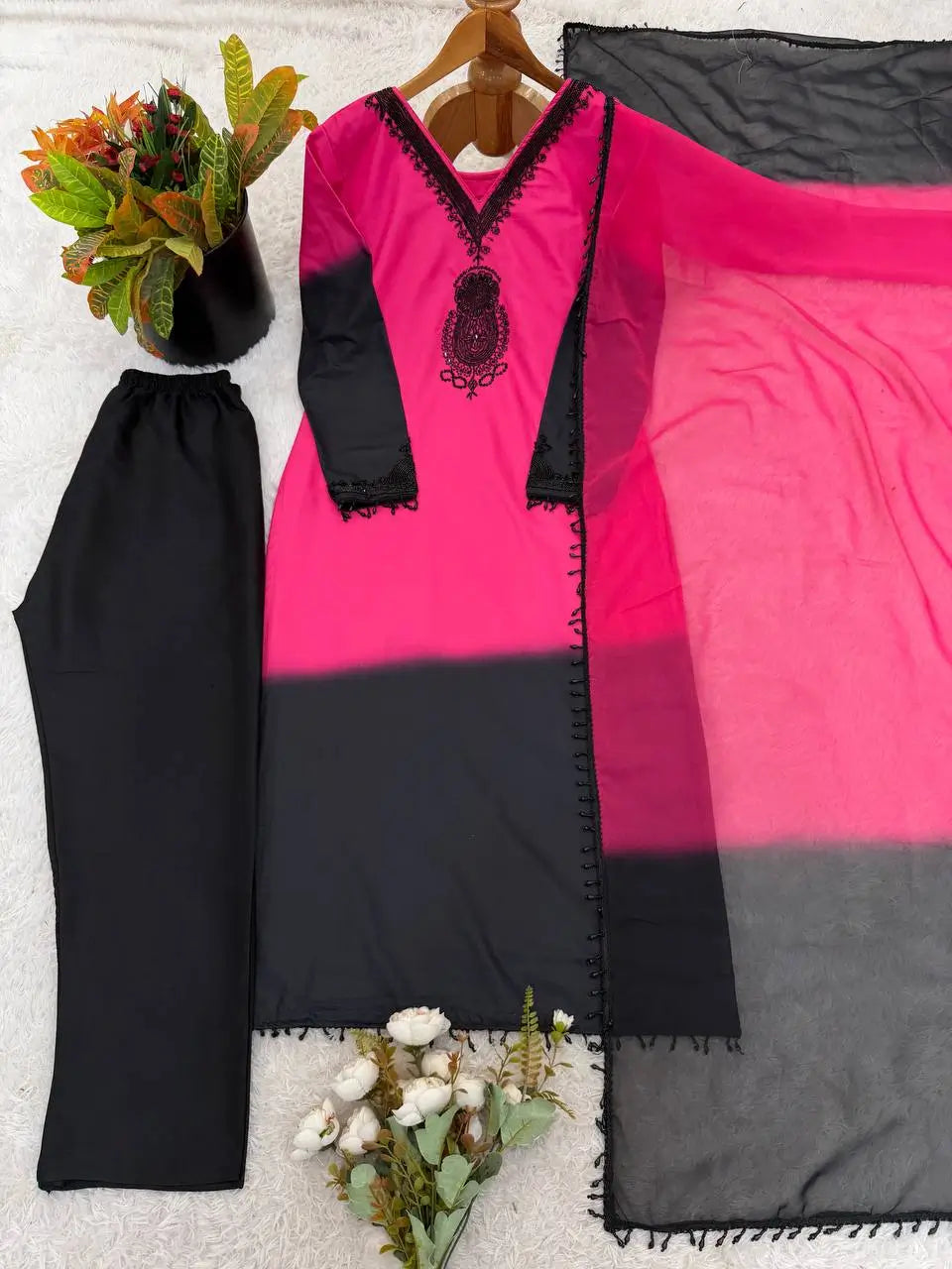 Beautiful Beads work Straight Suit Set for Festive and Family Occasions