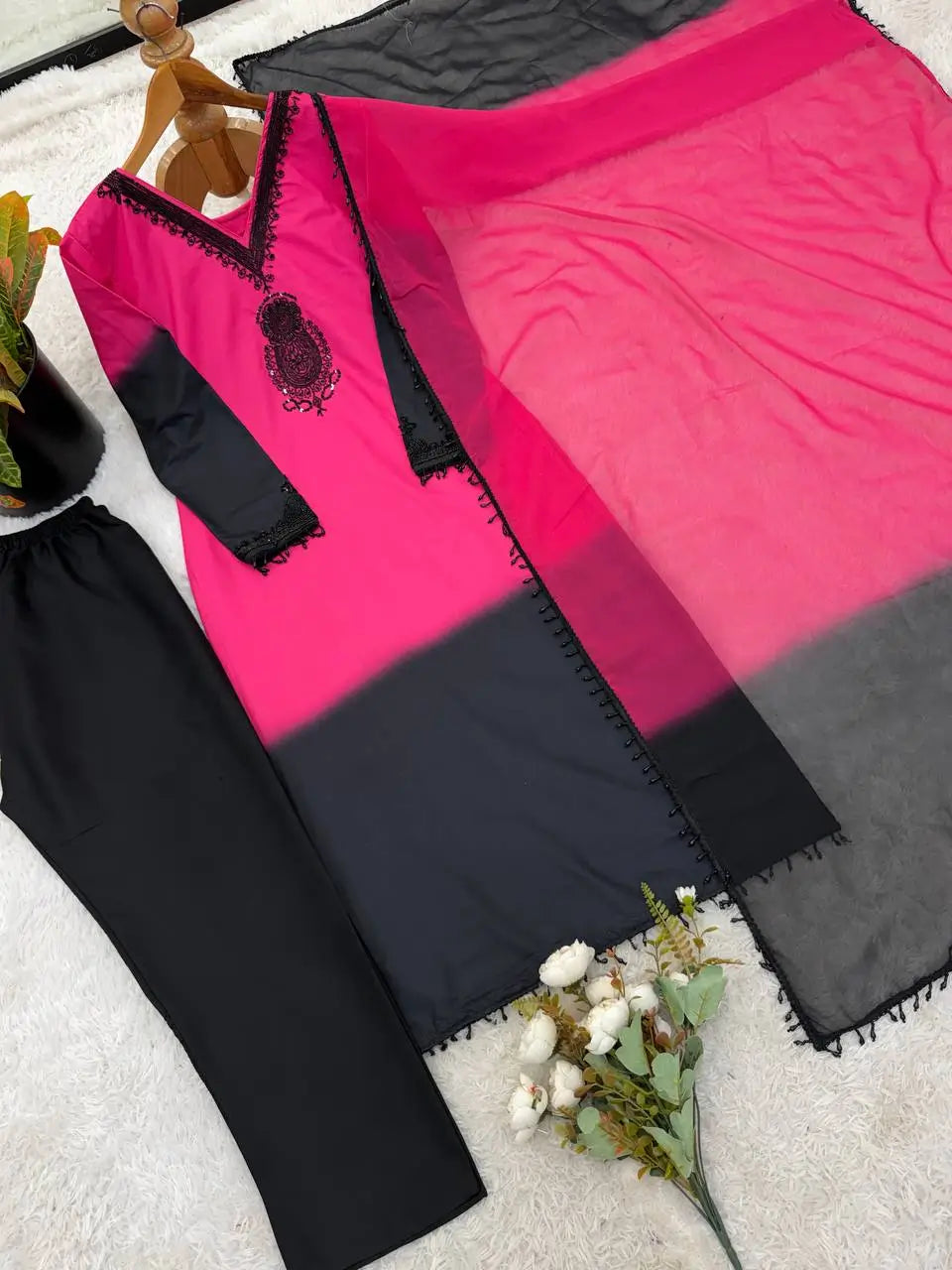 Beautiful Beads work Straight Suit Set for Festive and Family Occasions