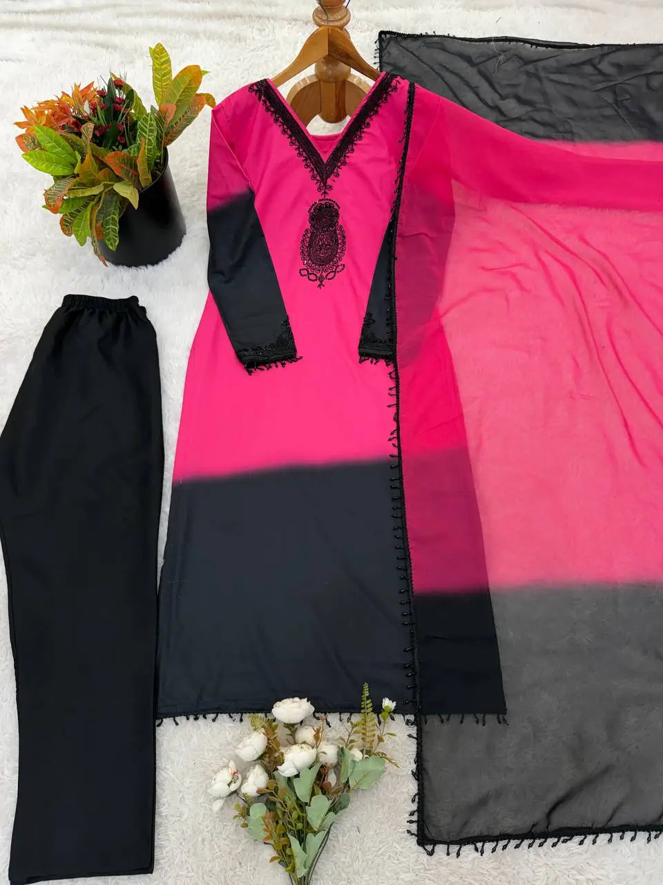 Beautiful Beads work Straight Suit Set for Festive and Family Occasions