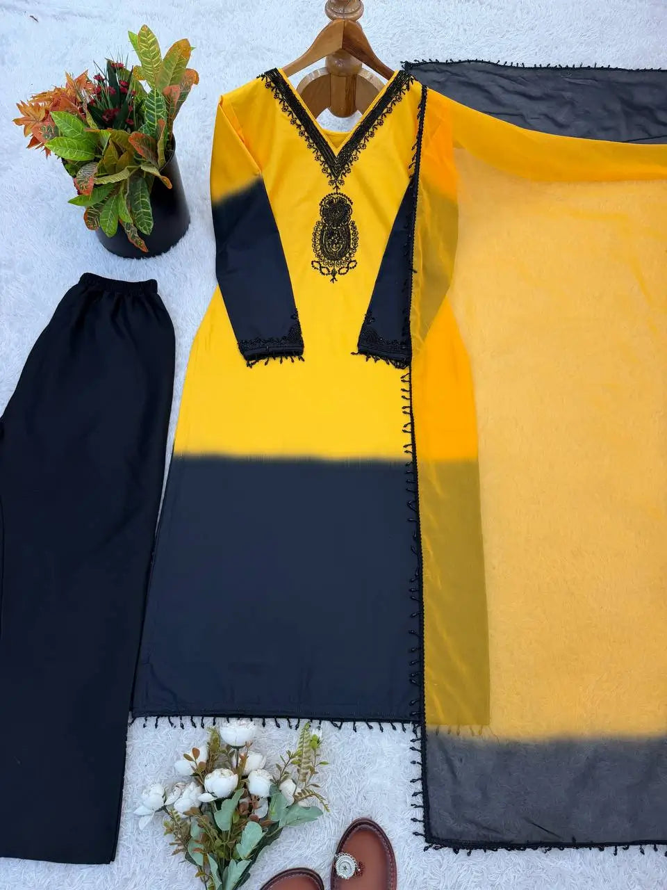 Beautiful Beads work Straight Suit Set for Festive and Family Occasions