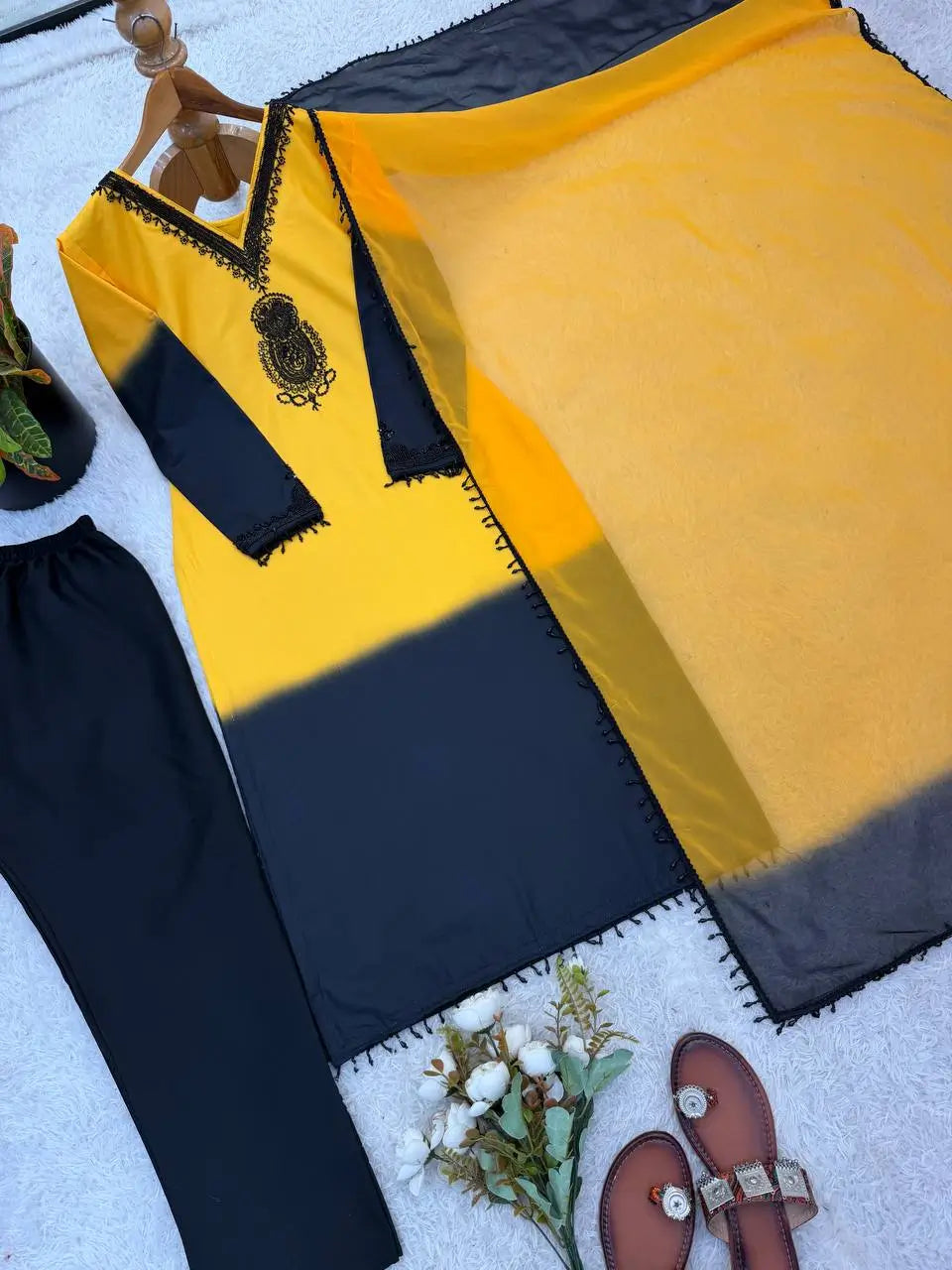 Beautiful Beads work Straight Suit Set for Festive and Family Occasions