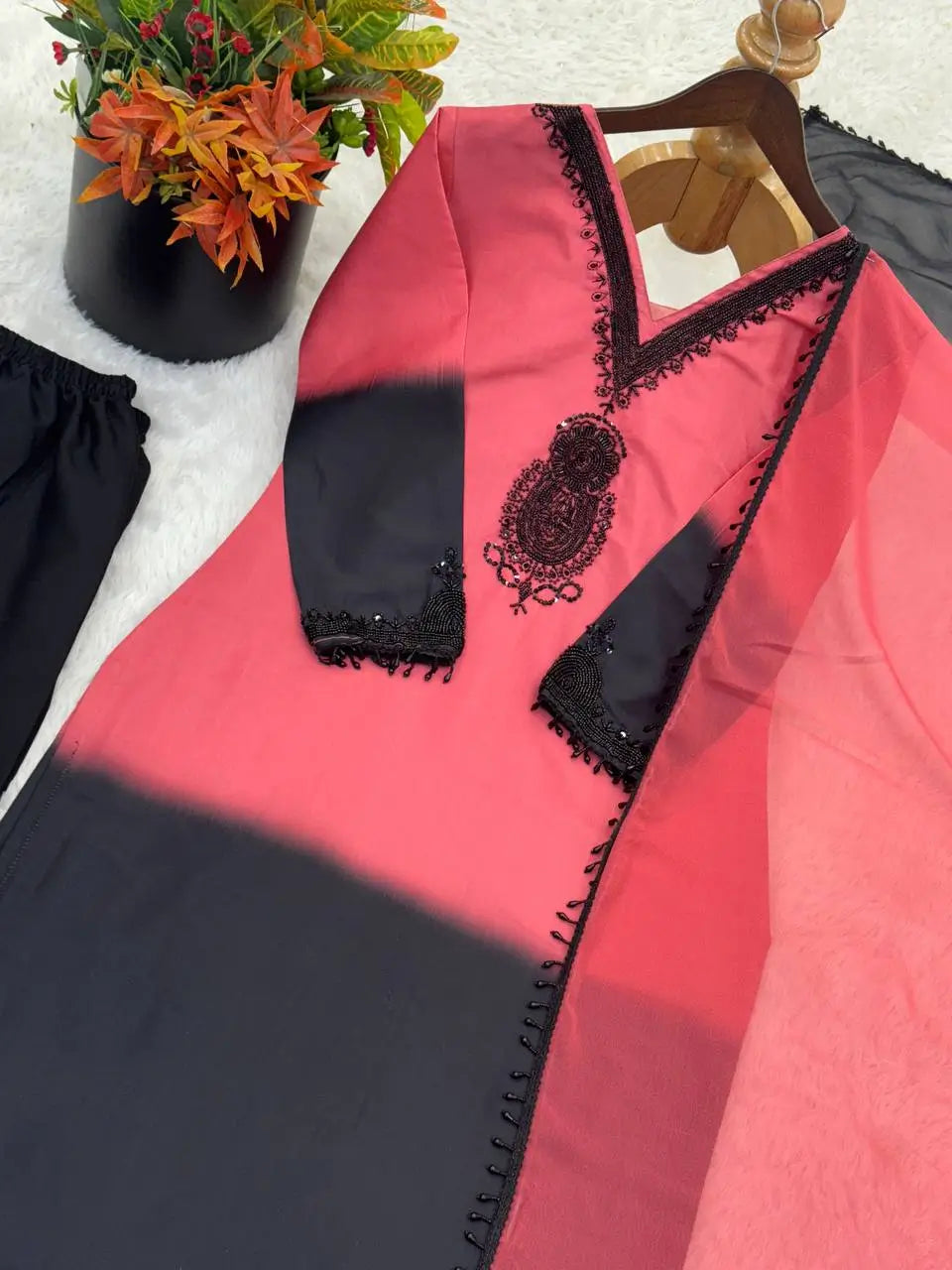 Beautiful Beads work Straight Suit Set for Festive and Family Occasions