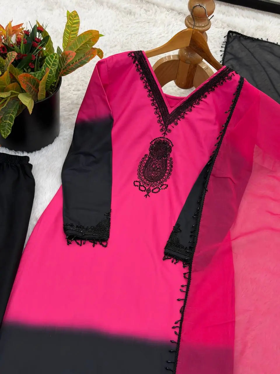 Beautiful Beads work Straight Suit Set for Festive and Family Occasions