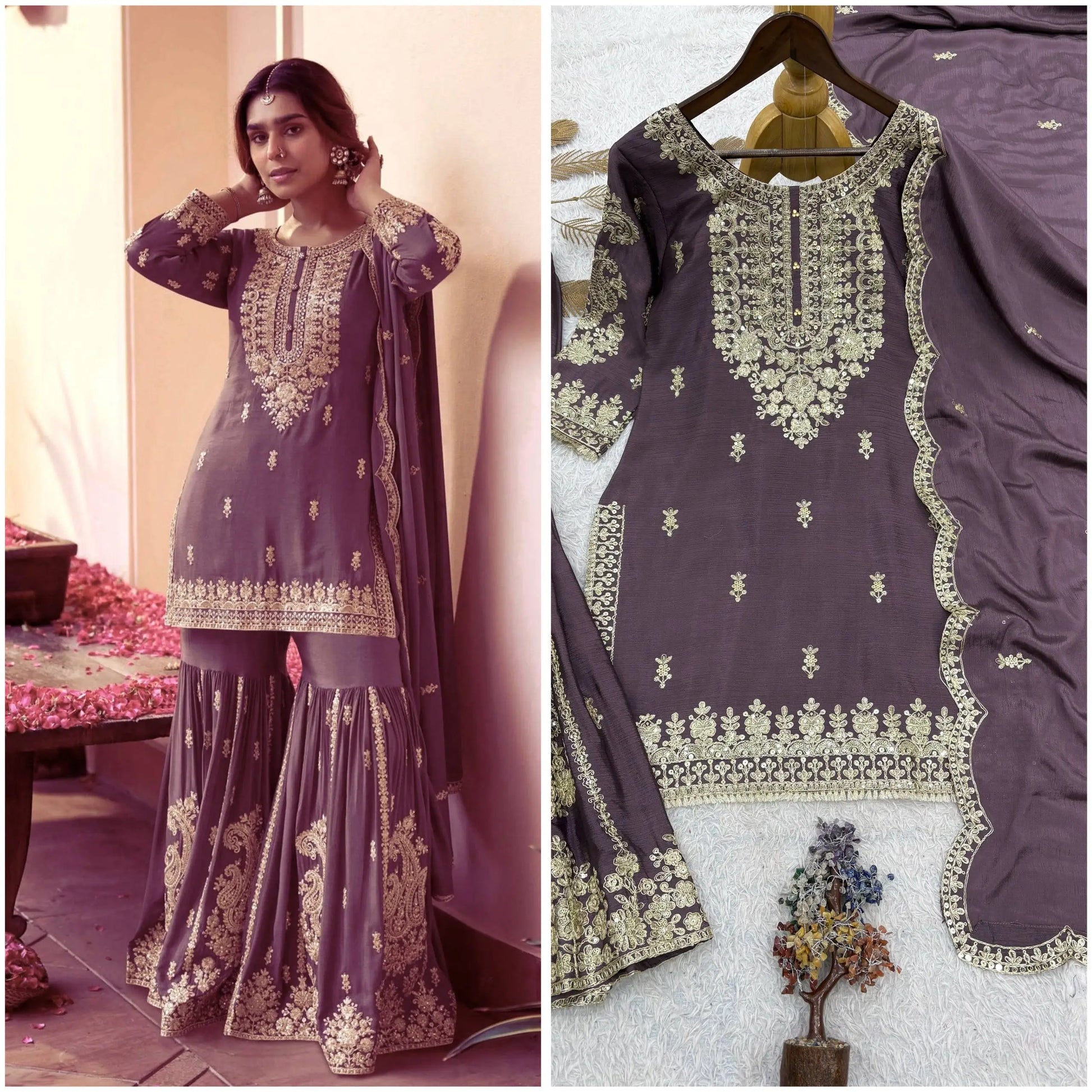 Beautiful Chinon Purple Sharara Set for Festive and Wedding Wear