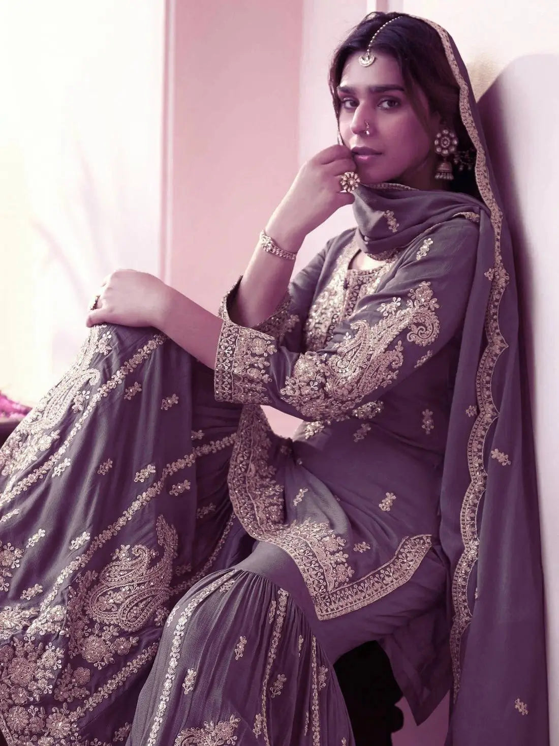 Beautiful Chinon Purple Sharara Set for Festive and Wedding Wear