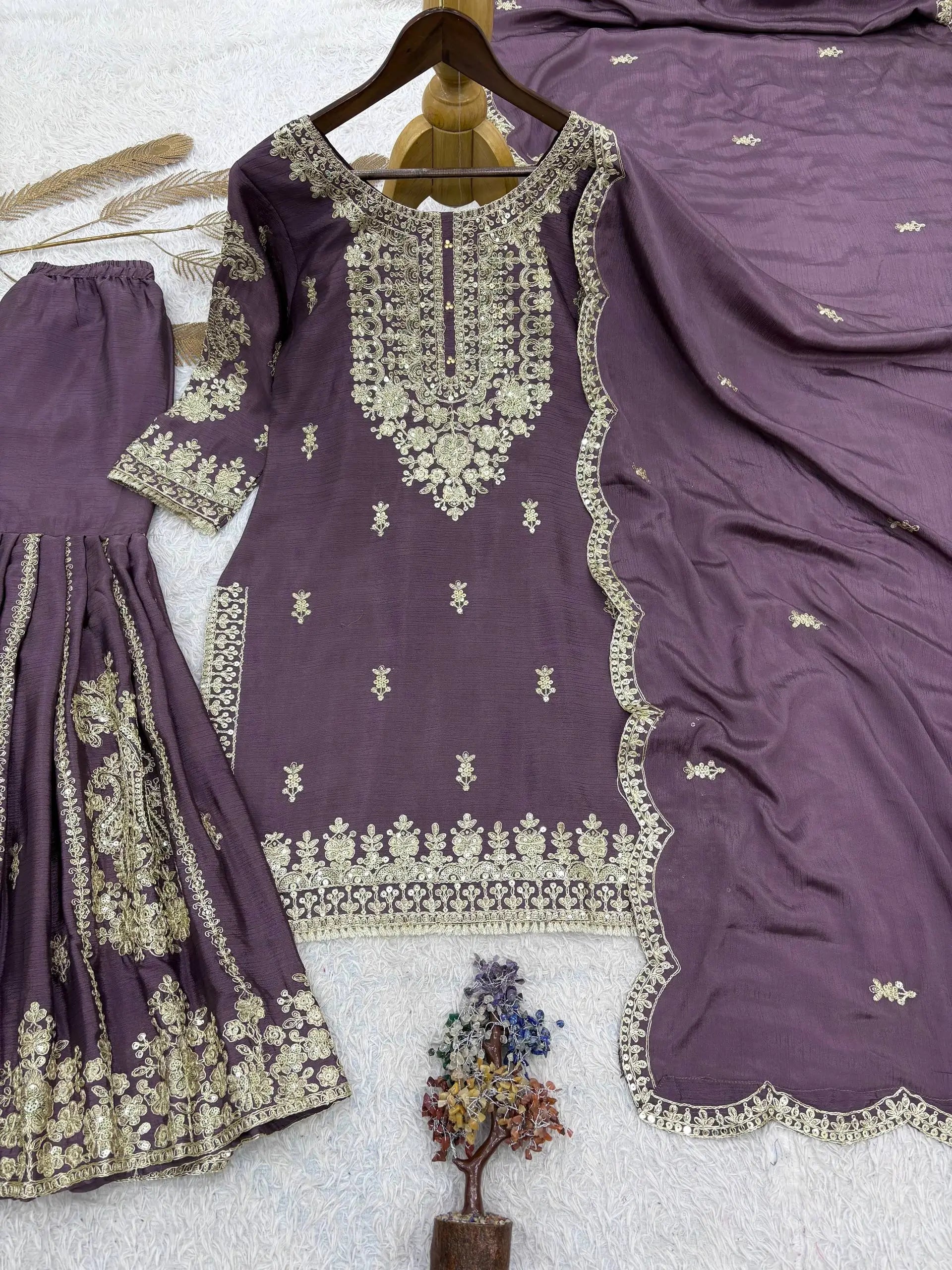 Beautiful Chinon Purple Sharara Set for Festive and Wedding Wear