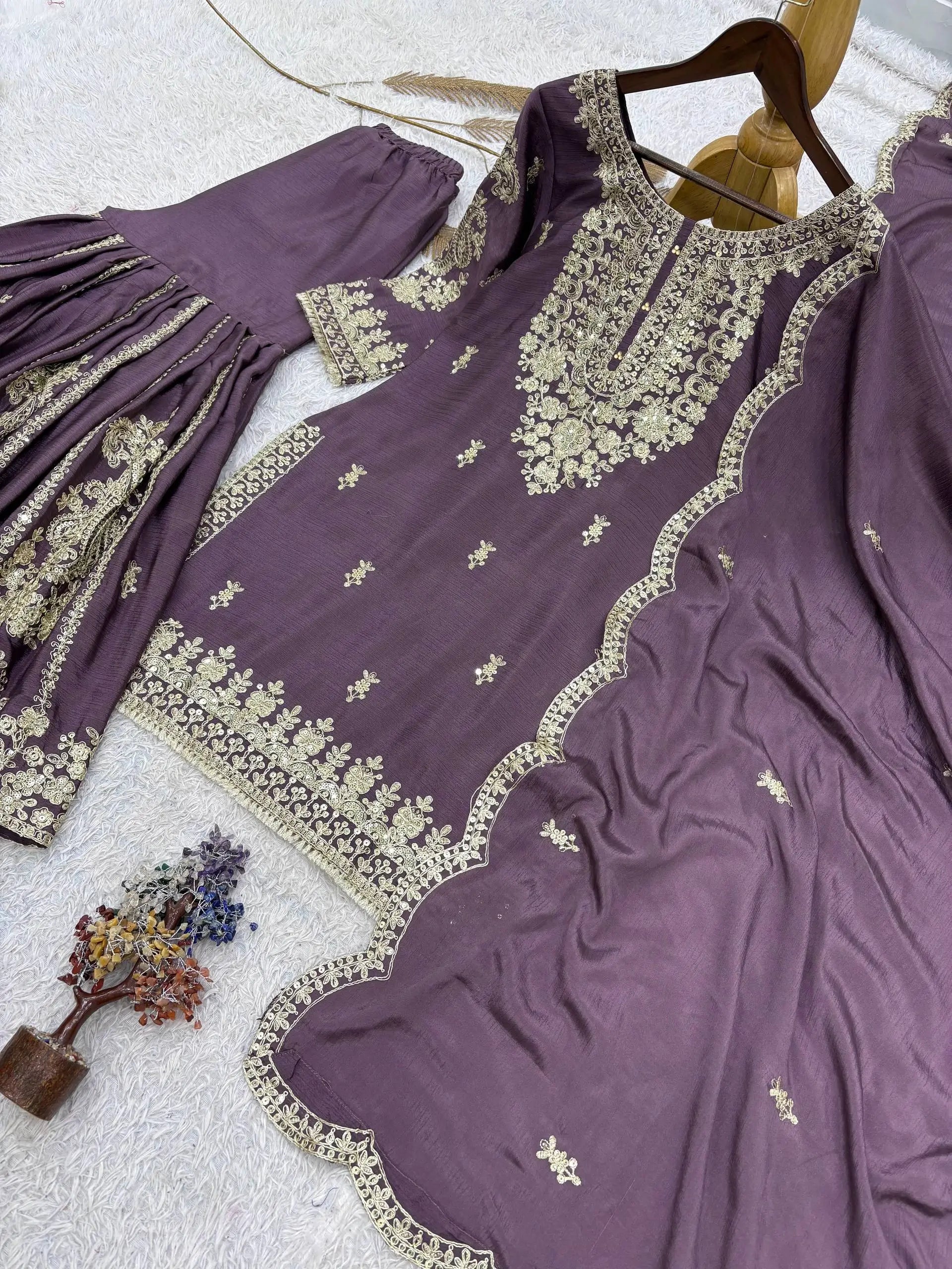 Beautiful Chinon Purple Sharara Set for Festive and Wedding Wear