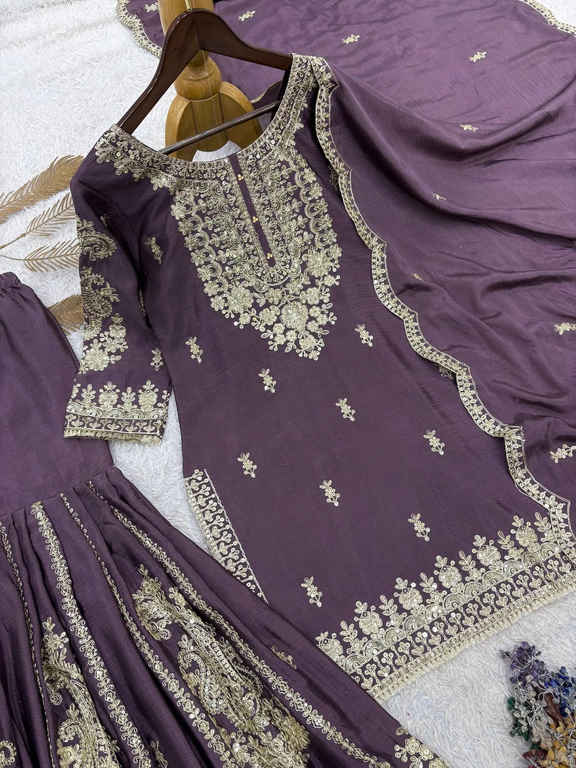 Beautiful Chinon Purple Sharara Set for Festive and Wedding Wear