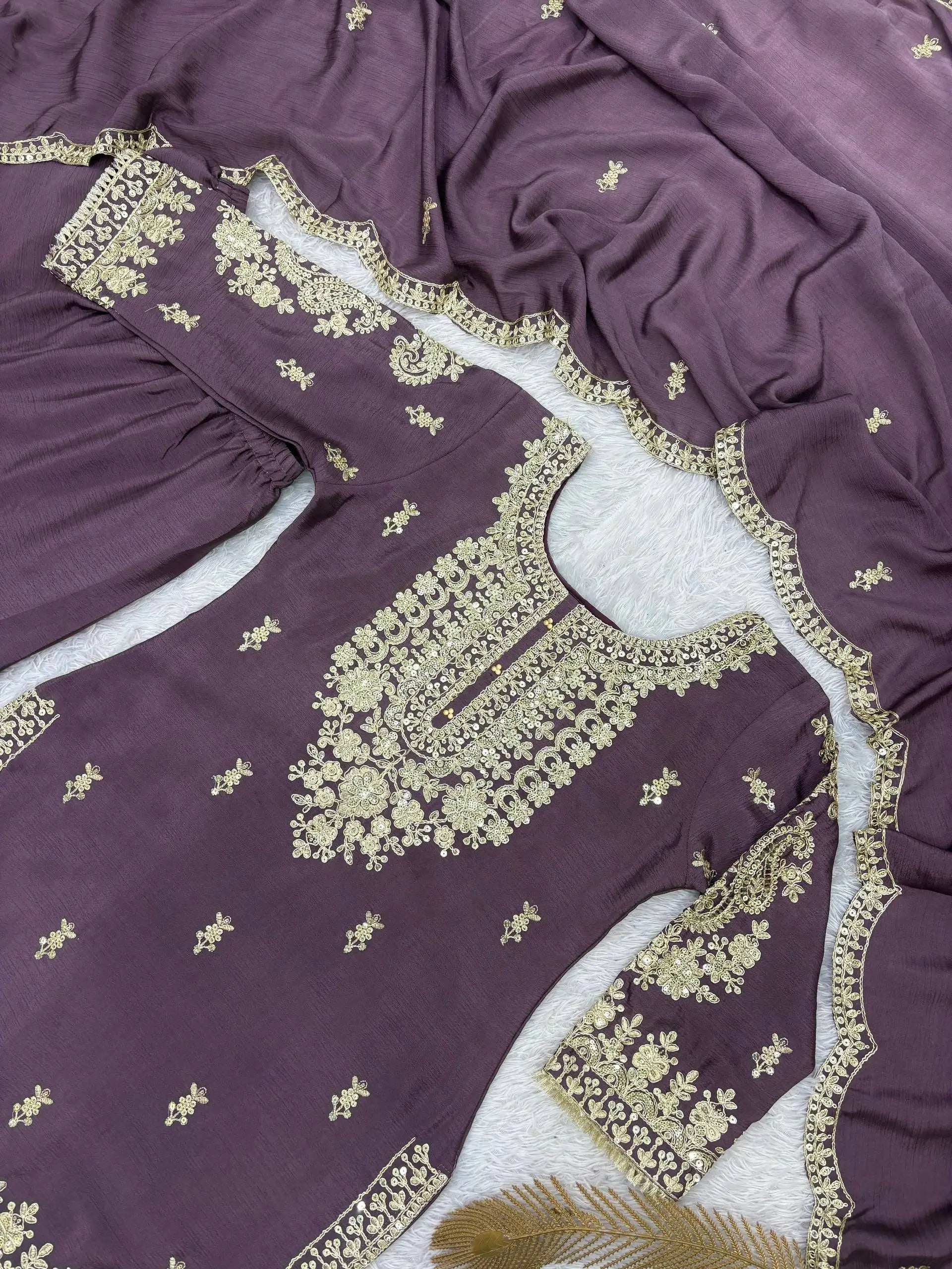 Beautiful Chinon Purple Sharara Set for Festive and Wedding Wear