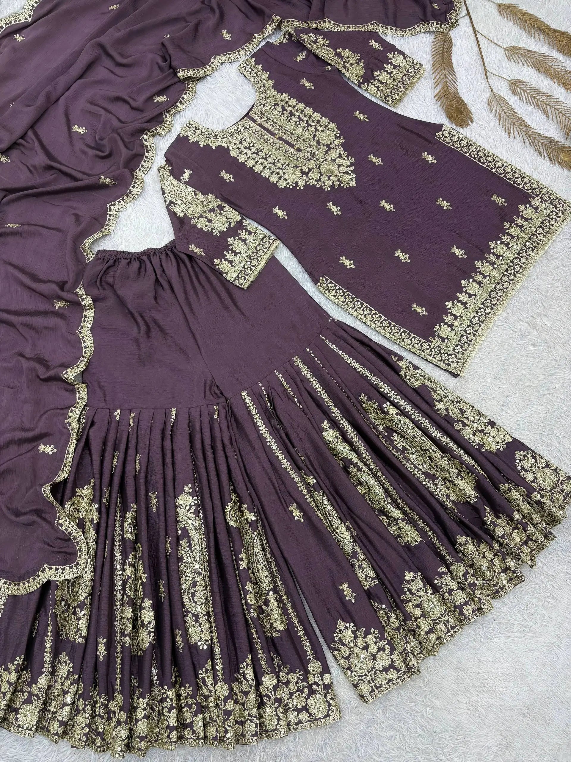 Beautiful Chinon Purple Sharara Set for Festive and Wedding Wear