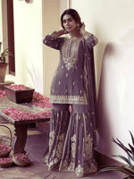 Beautiful Chinon Purple Sharara Set for Festive and Wedding Wear
