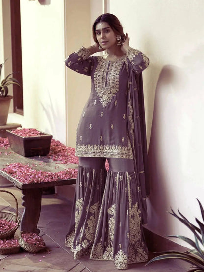 Beautiful Chinon Purple Sharara Set for Festive and Wedding Wear