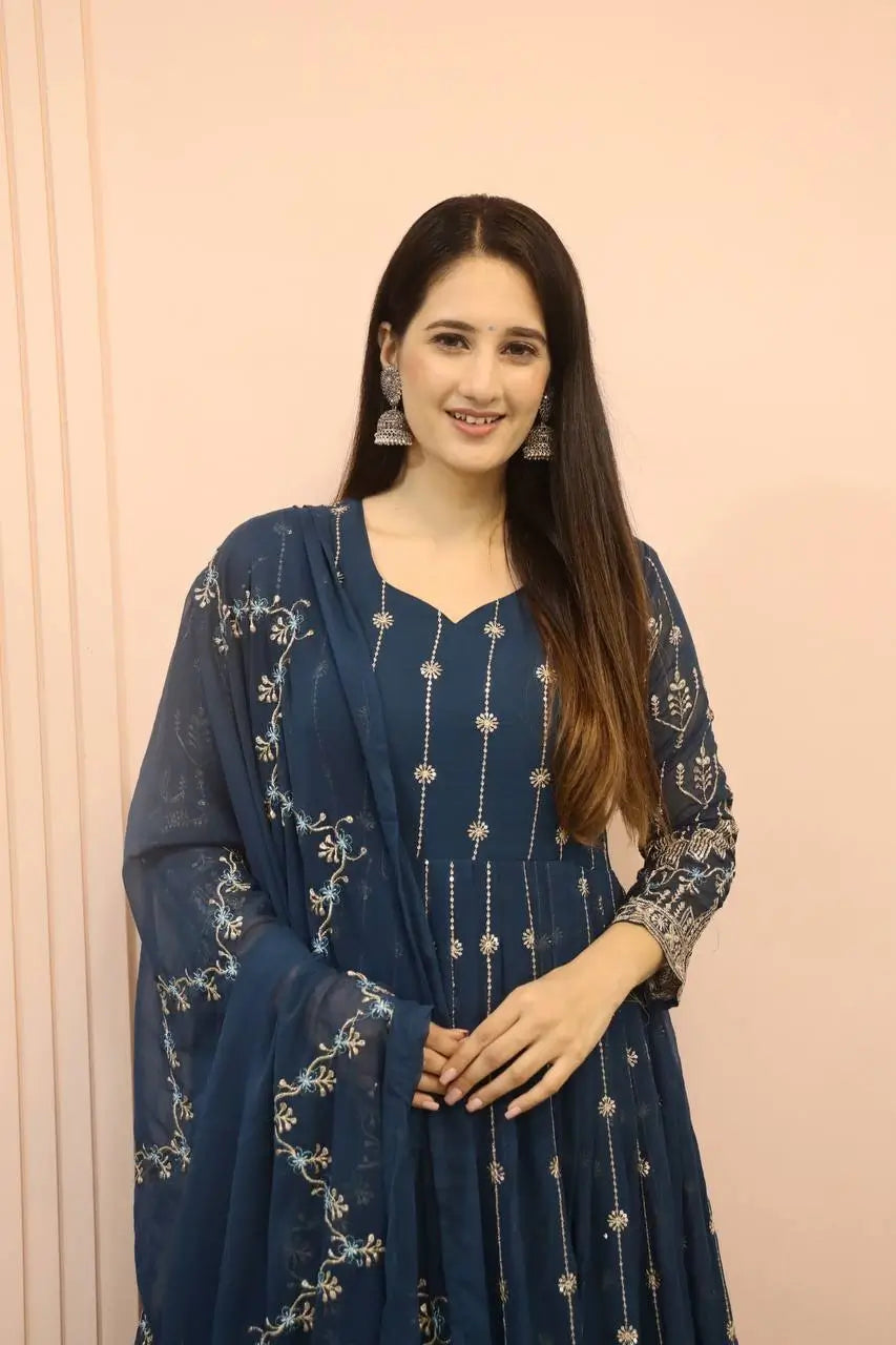 Beautiful Georgette Sequin Wave Anarkali Gown Set