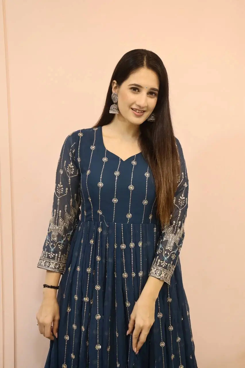 Beautiful Georgette Sequin Wave Anarkali Gown Set