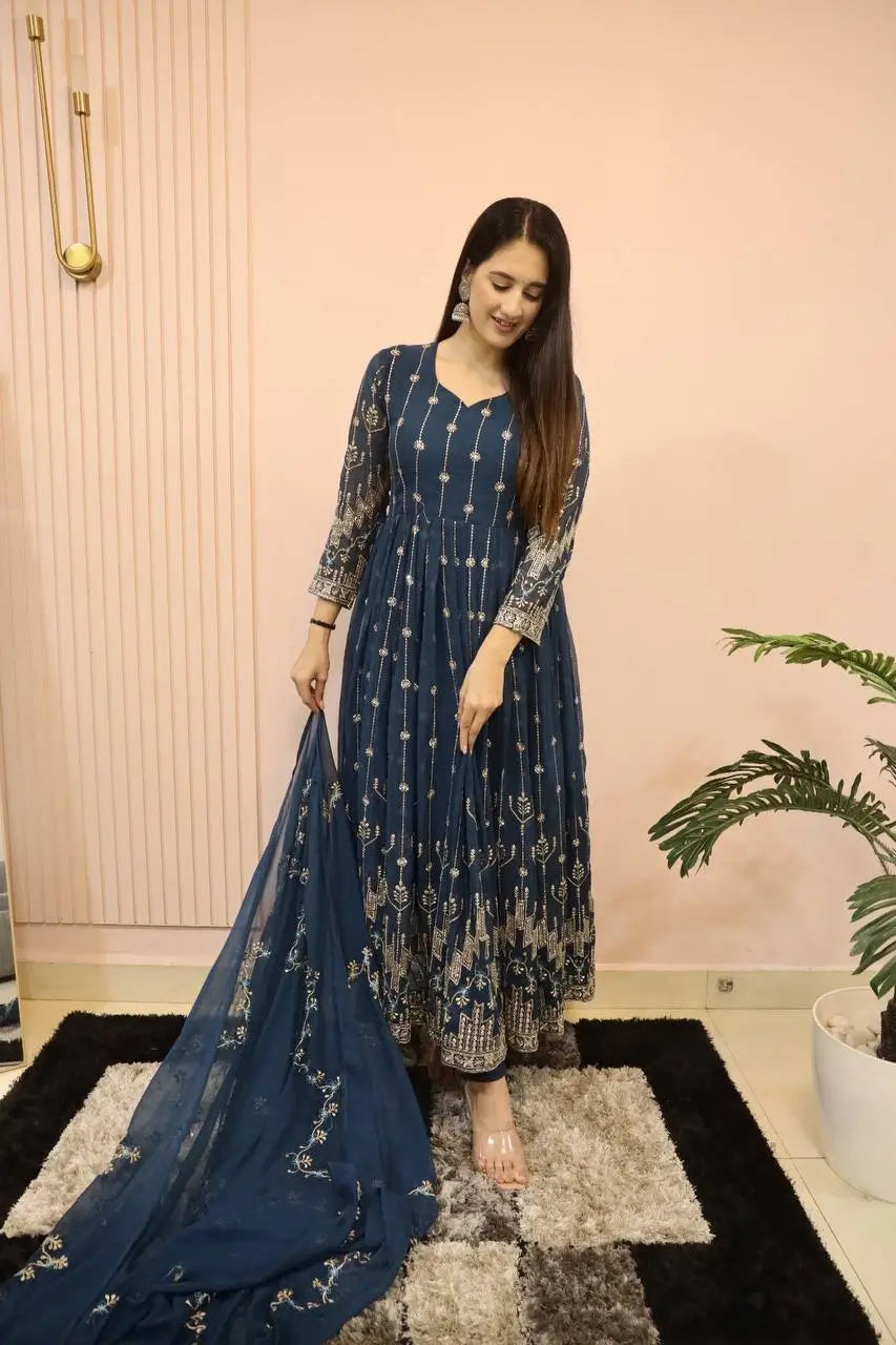 Beautiful Georgette Sequin Wave Anarkali Gown Set