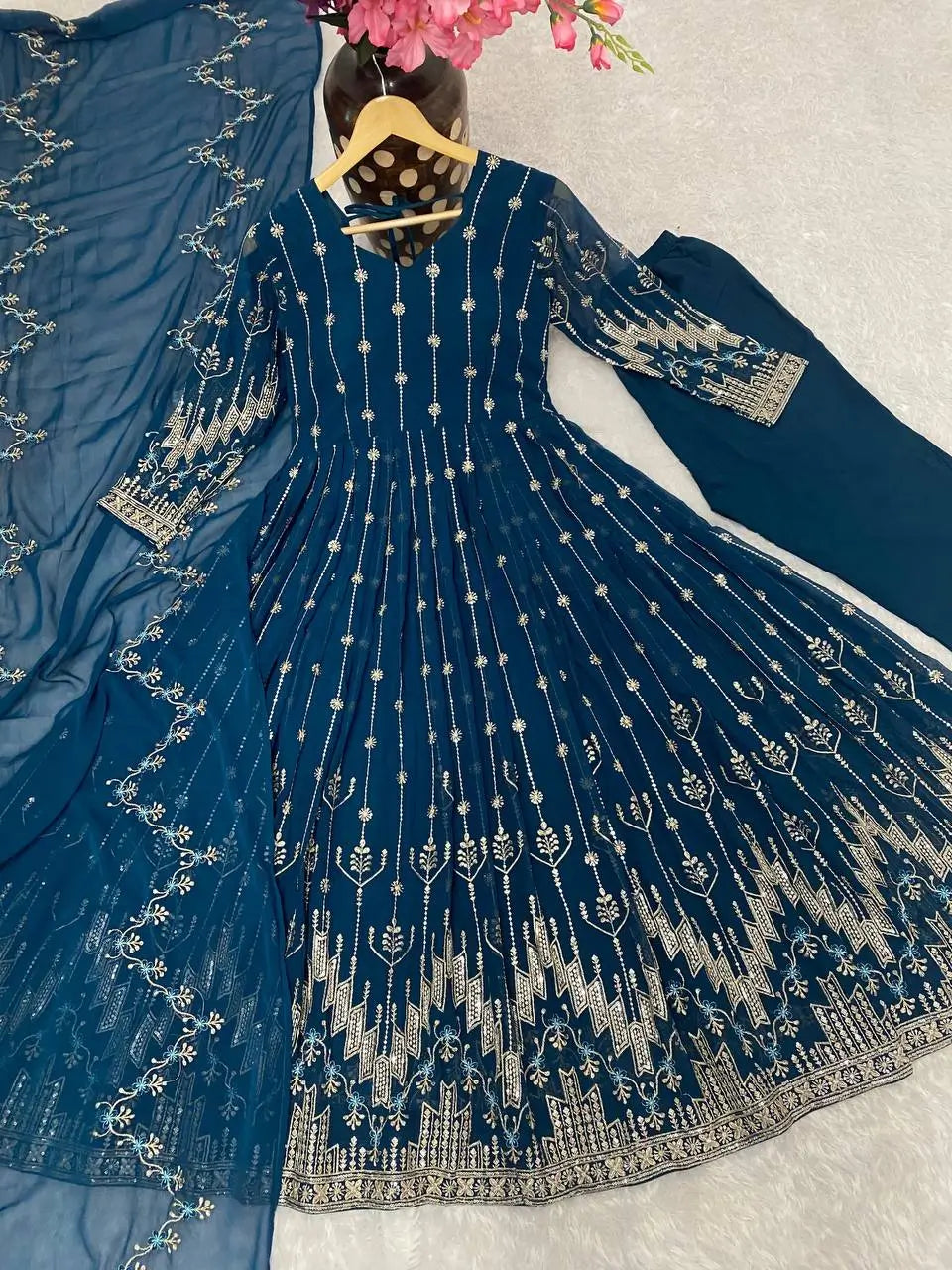 Beautiful Georgette Sequin Wave Anarkali Gown Set