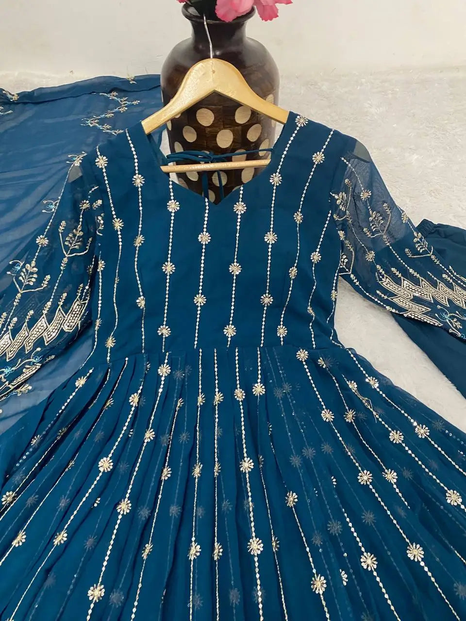 Beautiful Georgette Sequin Wave Anarkali Gown Set