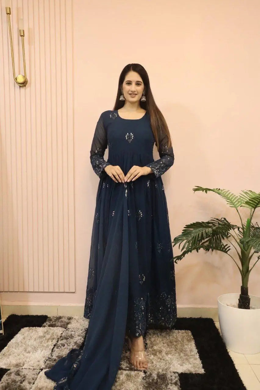 Beautiful Georgette Sequin Wave Anarkali Gown Set