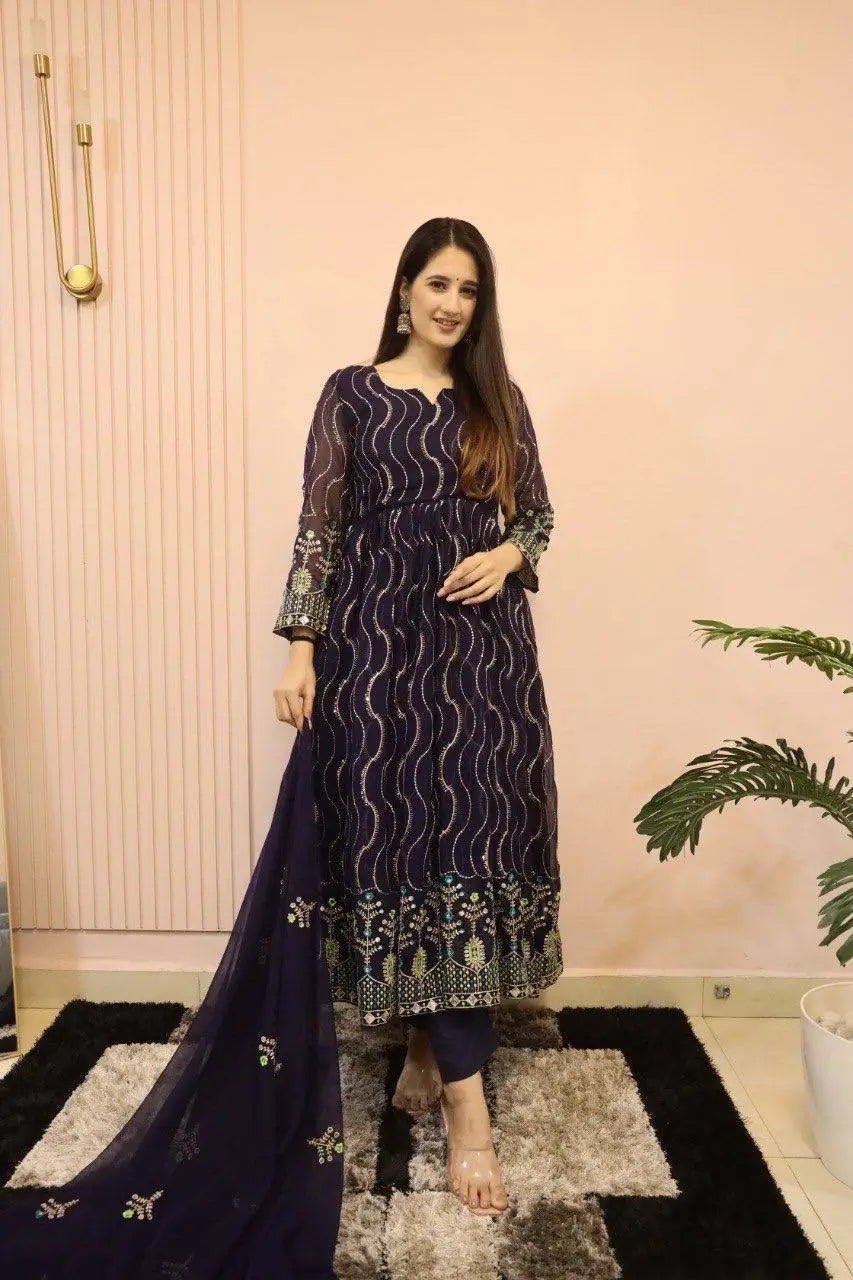 Beautiful Georgette Sequin Wave Anarkali Gown Set