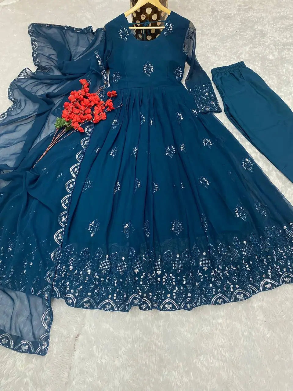 Beautiful Georgette Sequin Wave Anarkali Gown Set