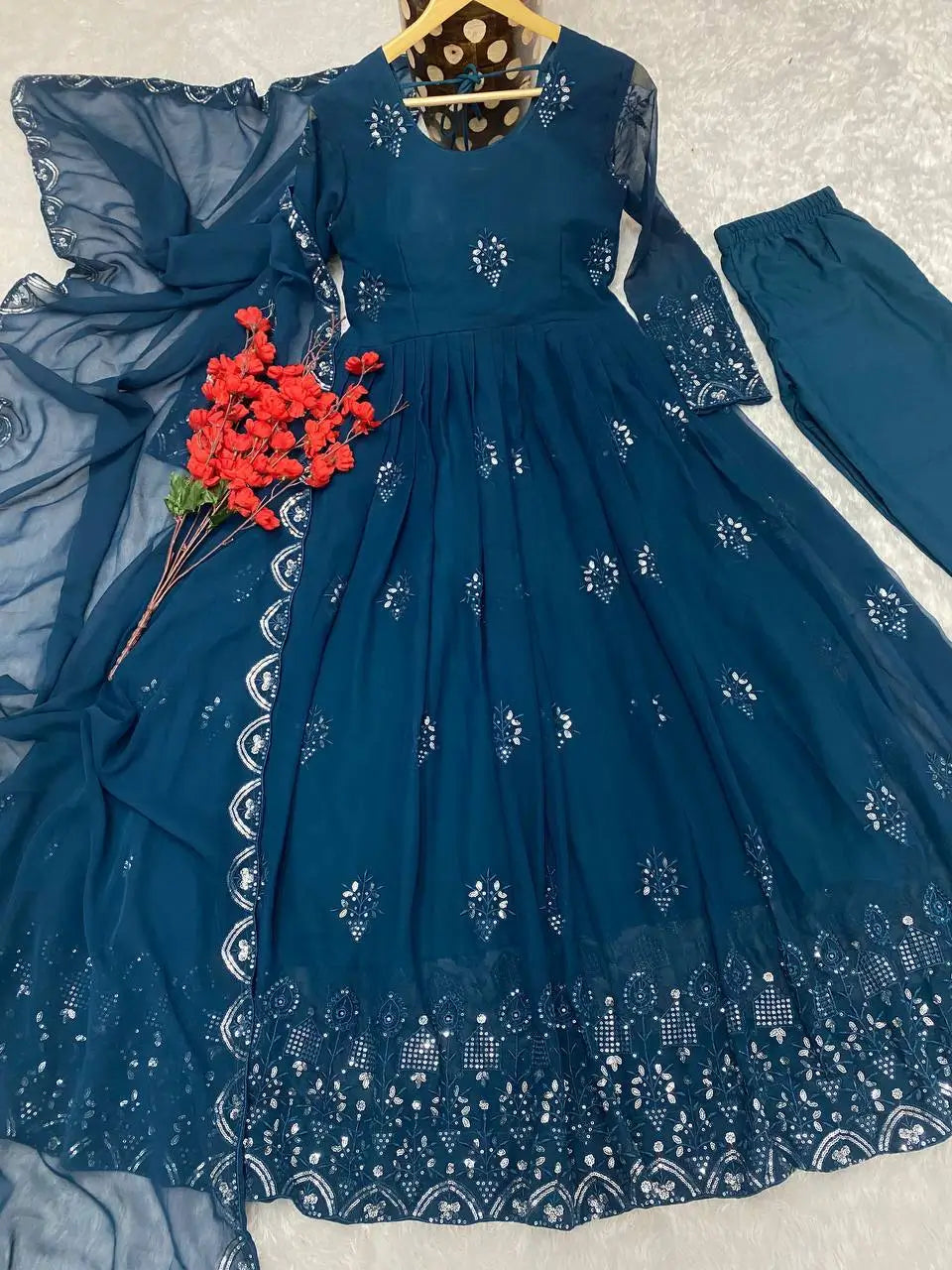 Beautiful Georgette Sequin Wave Anarkali Gown Set