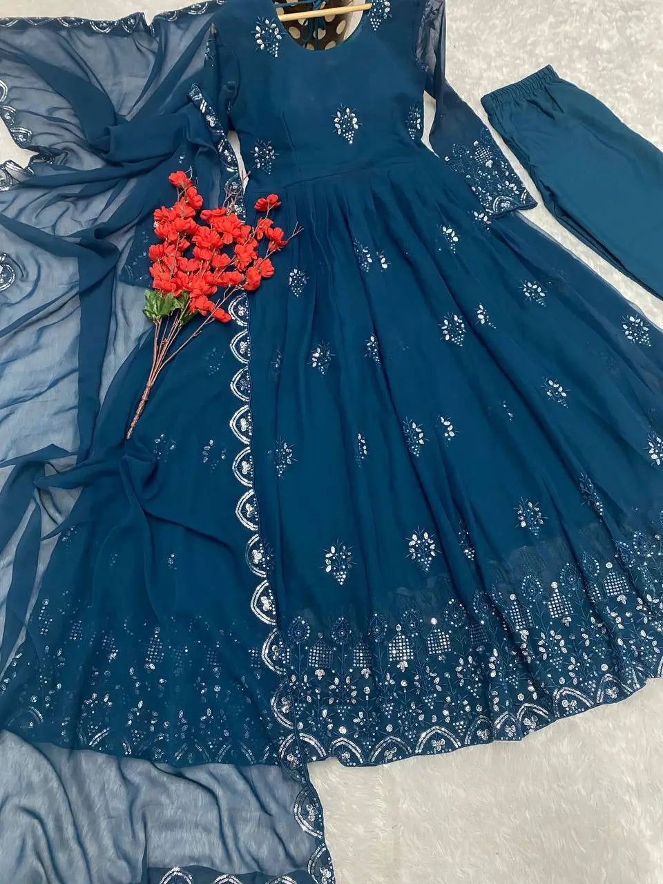 Beautiful Georgette Sequin Wave Anarkali Gown Set