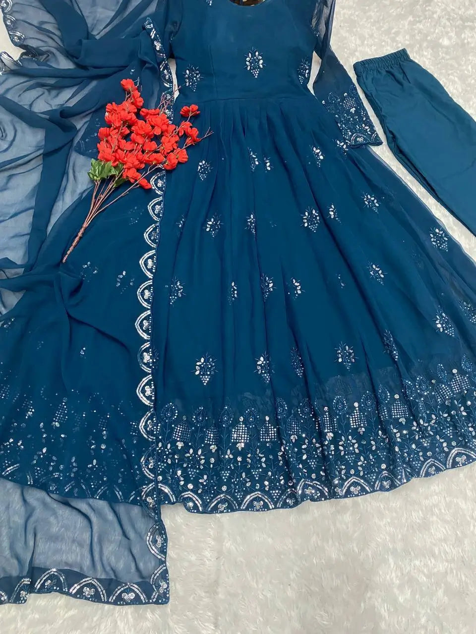 Beautiful Georgette Sequin Wave Anarkali Gown Set