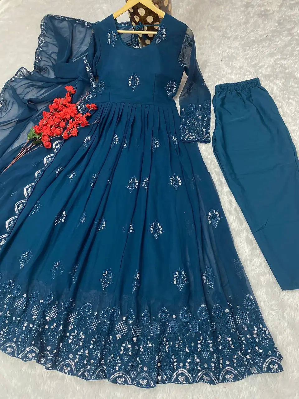 Beautiful Georgette Sequin Wave Anarkali Gown Set