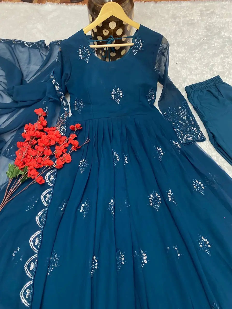 Beautiful Georgette Sequin Wave Anarkali Gown Set