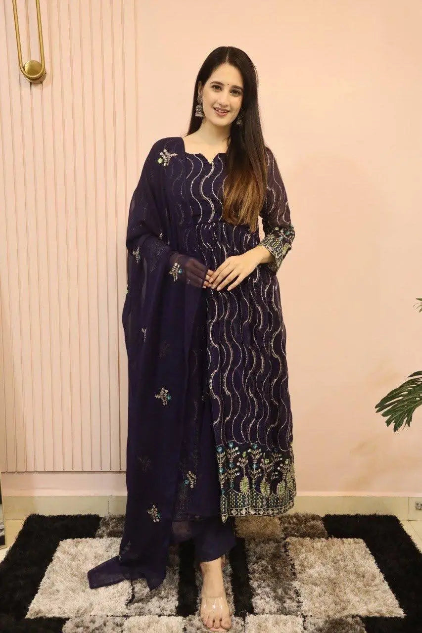 Beautiful Georgette Sequin Wave Anarkali Gown Set