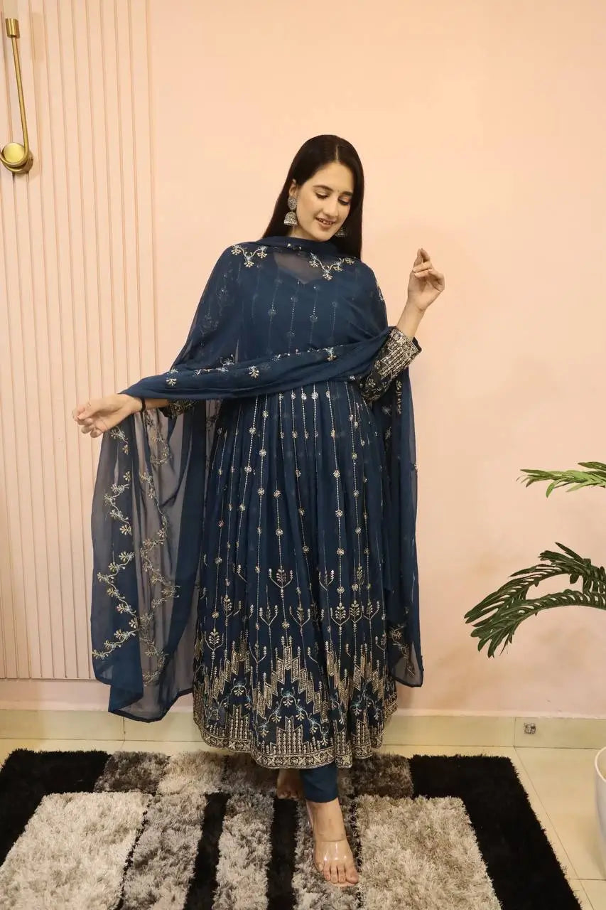 Beautiful Georgette Sequin Wave Anarkali Gown Set